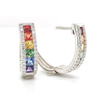 14k Gold Genuine Natural Rainbow Sapphire and Diamond Oval Hoop Earrings #J6681