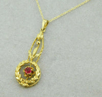 10k Yellow Gold Lavaliere Pendant with Red Glass and Applied Leaves (#J4764)
