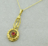 10k Yellow Gold Lavaliere Pendant with Red Glass and Applied Leaves (#J4764)