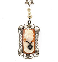 14k White Gold Art Deco Cameo Filigree Pendant Jewelry (#J5391)