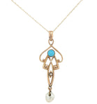 10k Gold Lavaliere Pendant with Freshwater Pearl Drop Turquoise Glass (#J6689)