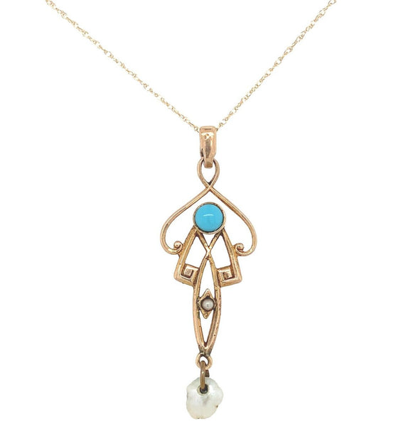 10k Gold Lavaliere Pendant with Freshwater Pearl Drop Turquoise Glass (#J6689)