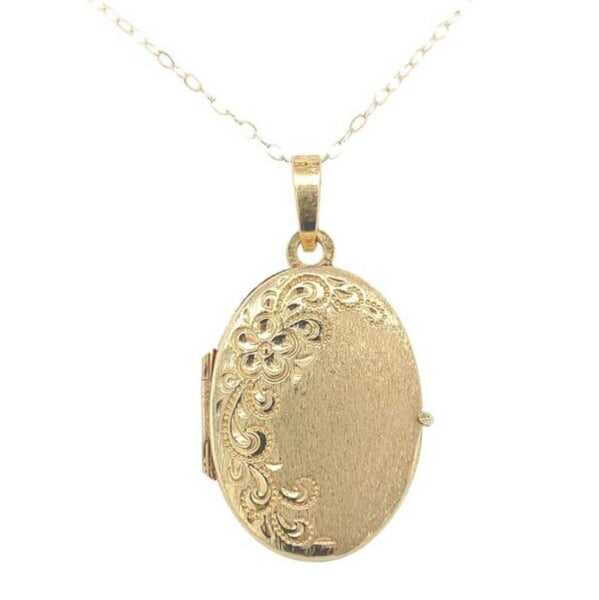 14k Gold Oval Locket with Engraved Flowers and Scrollwork with Chain (#J6674)