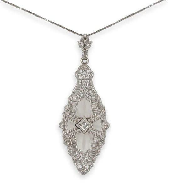 10k Gold Art Deco Genuine Natural Rock Crystal Quartz and Diamond Pendant #J7104