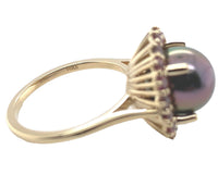 14k White Gold 9.5mm Black Tahitian Pearl and Raspberry Sapphire Ring (#J7019)