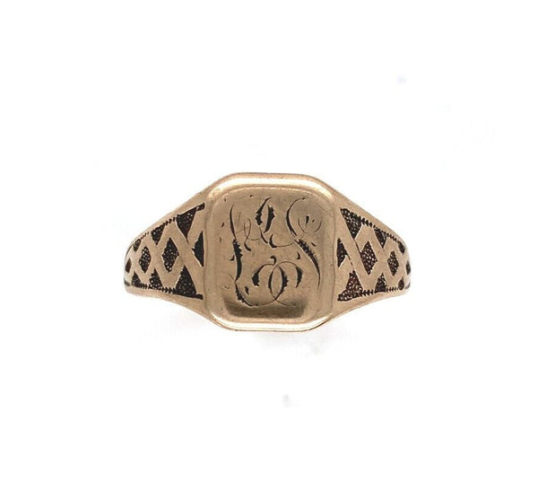 10k Yellow Gold Vintage Signet Ring w/ Lattice/Diamond Design Size 7 (#J6294)