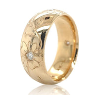 14k Gold Hand Engraved Wide Genuine Natural Diamond Wedding Band Size 5 (#J6915)
