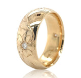 14k Gold Hand Engraved Wide Genuine Natural Diamond Wedding Band Size 5 (#J6915)