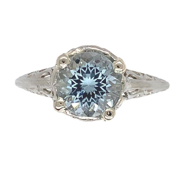 18k White Gold Filigree Deco 1.15 Carat Genuine Natural Aquamarine Ring (#J6774)
