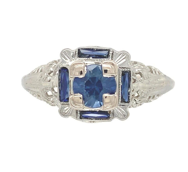 14k Art Deco Filigree .57ct Sapphire Ring w/Lab-Created Accent Stones (#J6806)