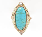 10k Gold Arts and Crafts Campito Genuine Natural Turquoise Flowers Ring (#J6560)