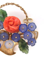 14k Gold Carved Coral and Chalcedony Flower and Jade Leaf Basket Pin (#J6237)