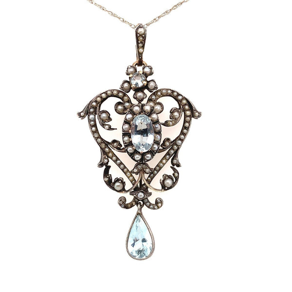 14k Yellow Gold and Silver Top Victorian Aquamarine Lavaliere Pendant (#J5702)
