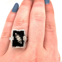 14k White Gold Filigree Genuine Natural Black Onyx and Diamond Ring (#J5573)