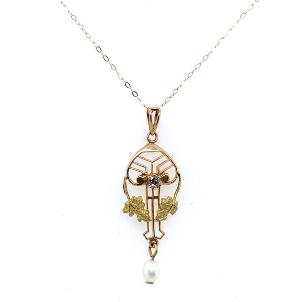 10k Yellow Gold Victorian Diamond Lavaliere Pendant with Leaves (#J5545)