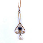 10K Yellow Gold Lavaliere Victorian Pendant with Blue Stone and Pearls (#J4961)