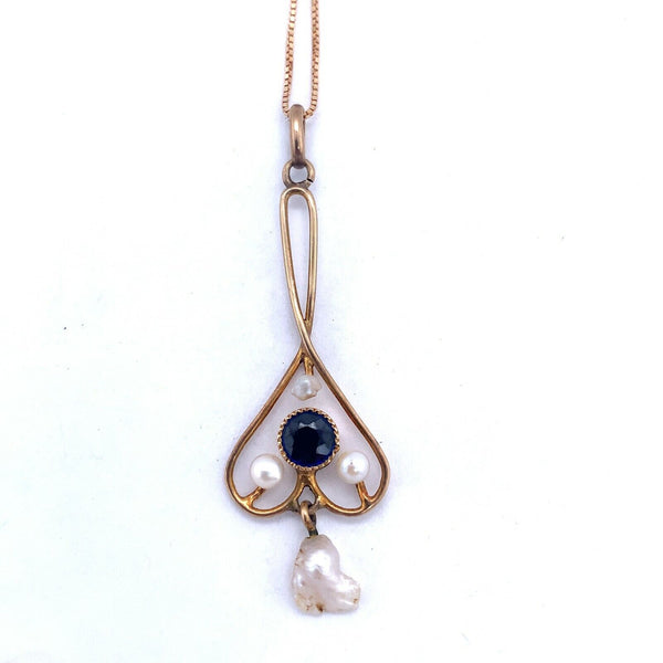 10K Yellow Gold Lavaliere Victorian Pendant with Blue Stone and Pearls (#J4961)