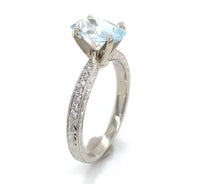 14k Gold Ring w/ Specialty Cut Genuine Natural Aquamarine Hand Engraved (#J6547)