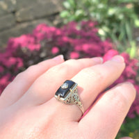 10k White Gold Genuine Natural Black Onyx and Diamond Filigree Ring (#J6212)