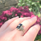 10k White Gold Genuine Natural Black Onyx and Diamond Filigree Ring (#J6212)