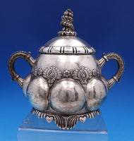 Hungarian 935 Silver Tea Set 4pc Art Deco Hand Hammered w/ Stone Finial (#8314)