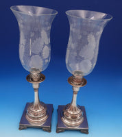 Shell by Unknown Silverplate Glass Hurricane Lamp Candlestick Pair  (#8299)