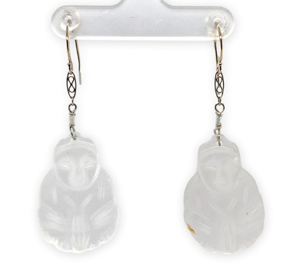 14k White Gold Chinese Export Carved Rock Crystal Quartz Drop Earrings (#7124)