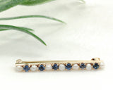 14k Yellow Gold Antique Montana Sapphire and Pearl Bar Pin Jewelry (#J7145)