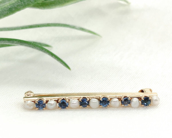 14k Yellow Gold Antique Montana Sapphire and Pearl Bar Pin Jewelry (#J7145)