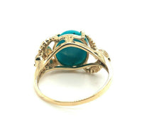 Vintage 14k Yellow Gold Genuine Natural Turquoise Ring with Birds (#J5225)