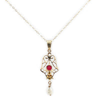 10k Yellow Gold Lavaliere with Pearl Drop and Red Glass Accent w/Chain (#J7193)
