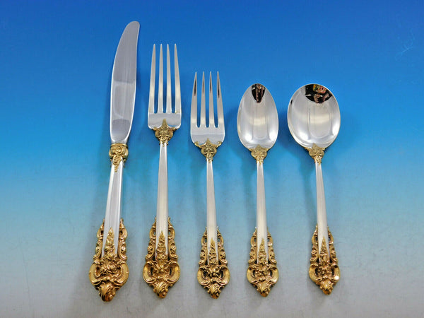Grande Baroque Gold Accent by Wallace Sterling Silver Flatware for 12 Set 65 pc