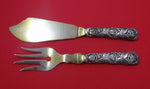 European Silver Sterling Fish Serving Set 2pc Gold Washed w/Rose Hollow Handle