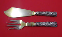 European Silver Sterling Fish Serving Set 2pc Gold Washed w/Rose Hollow Handle