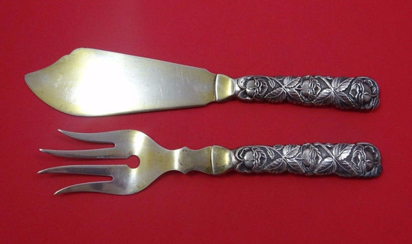 European Silver Sterling Fish Serving Set 2pc Gold Washed w/Rose Hollow Handle