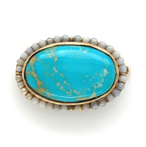 10k Yellow Gold Large Oval Turquoise Pin 1 1/8" x 3/4" Jewelry c1890s (#J6046)