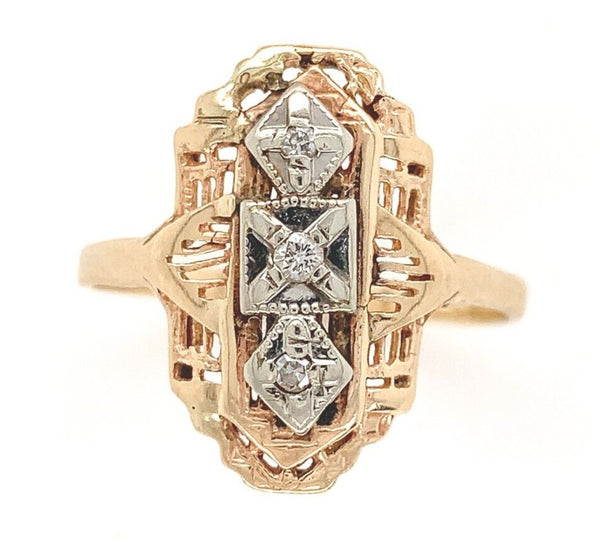 14k Yellow Gold Filigree Ring w/ Three Genuine Natural Diamonds Size 9.5  #J6624