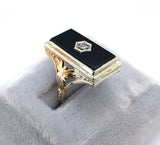 14k White Gold Genuine Natural Onyx Filigree Ring with Diamond Jewelry (#J6208)