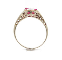 14k White Gold Filigree Ring with Synthetic Lab-Created Ruby Size 6.5 (#J6304)