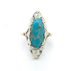 14k Gold Arts and Crafts Genuine Natural Turquoise Ring Applied Leaves (#J5214)