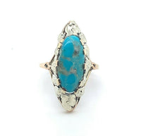 14k Gold Arts and Crafts Genuine Natural Turquoise Ring Applied Leaves (#J5214)