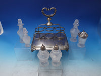 Silverplate Cruet Set 7 Piece with Footed Caddy and 6 Glass Bottles (#6489)