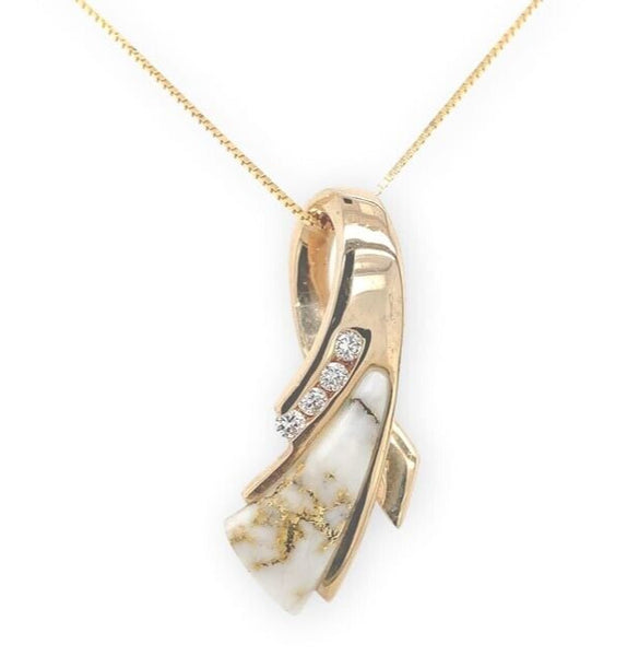 14k Yellow Gold Pendant w/Genuine Natural Gold Vein Quartz and Diamonds (#J6670)