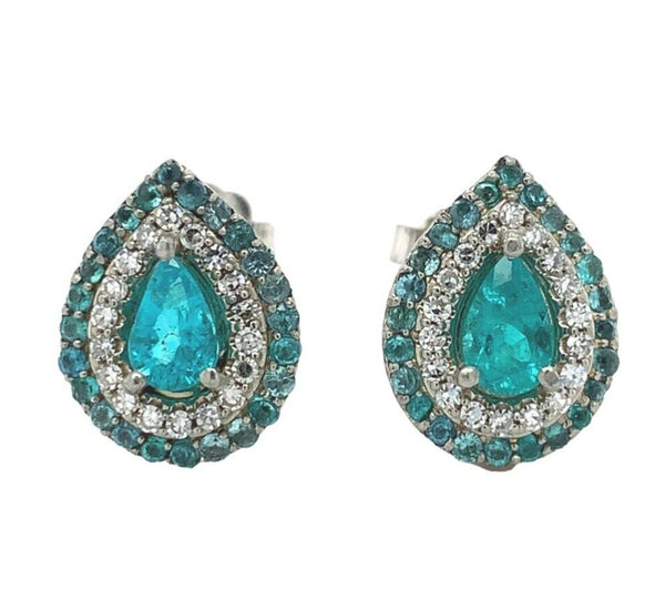14k White Gold Brazilian Paraiba Tourmaline and Diamond Earrings w/Report #J6913