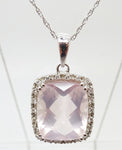 14K Rectangular Genuine Natural Rose Quartz Pendant with Diamonds (#J3357)