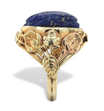 14k Yellow Gold Carved Scarab Genuine Natural Lapis Ring Handwrought  (#J7515)