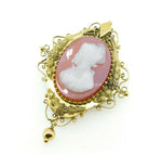 Large 14k Yellow Gold Victorian Genuine Natural Stone Cameo Pin Pendant (#J4339)