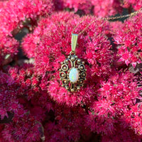 14k Gold Oval Genuine Natural Opal Pendant with Pierced Scrollwork (#J6226)