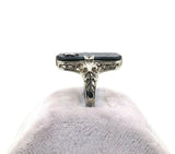 14k White Gold Art Deco Genuine Natural Black Onyx Ring w/Carved Flower (#J5413)