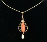 10k Yellow Gold Coral Cameo Lavaliere Pendant (#J5461)